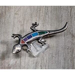 Carolyn Pollack Relios Sterling Silver Inlaid Lizard Brooch. Signed. 2.25" Long